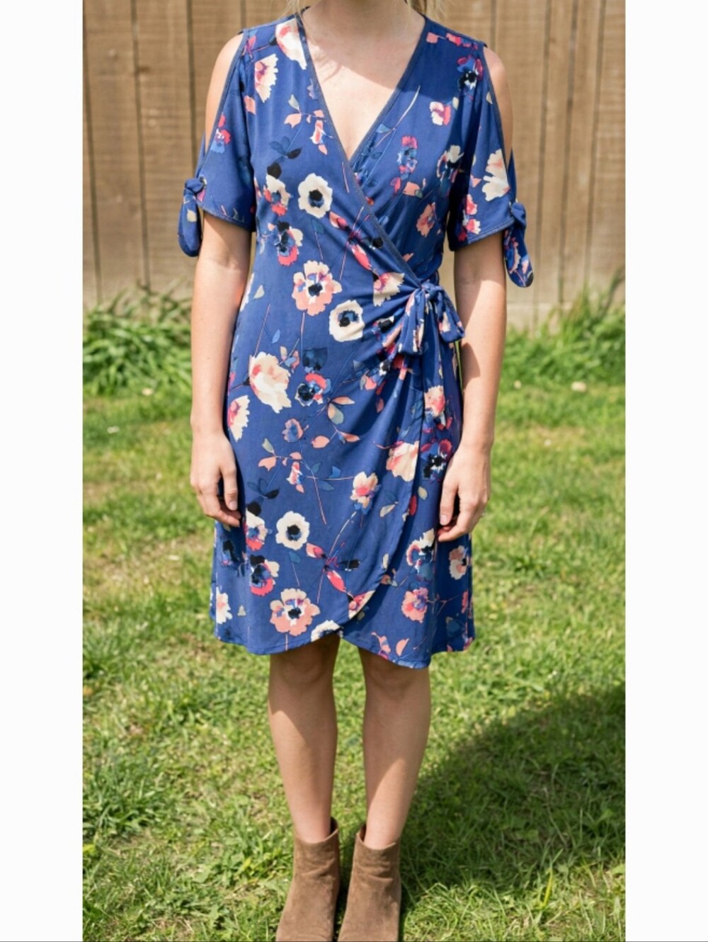 Ivanka Trump Blue Floral Cold-Shoulder Wrap Blouse